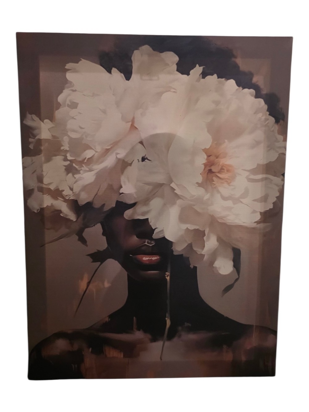 Silent Bloom Surrealist Black Woman Floral Canvas Wall Art – 12x16in